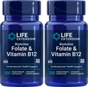 Prolongation de vie Folate bioactif et vitamine B12, 150 Capsules végétariennes (paquet de 2), non OGM, sans gluten