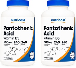 Acide pantothénique Nutricost (vitamine B5) 500mg, 240 Capsules (2 bouteilles)