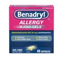 Benadryl Liqui-Gels Antihistamine Allergie Médecine & Soulagement des Symptômes Cold, Gels liquides sans colorants avec 25 mg de Diphenhydramine HCl pour des symptômes tels que, Runny Nez, Éternuer & Plus, 48 ct