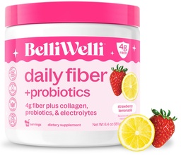 Belli Welli Supplément de fibre pour les femmes et les hommes, poudre de fibre quotidienne premium de l'acacia biologique avec collagène ajouté, électrolytes et probiotiques, sans bloat, constipation et soutien de la santé Gut (Lémonade de Strawberry)