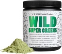Nourriture sauvage Poudre crue Super Greens Boissons quotidiennes de jus avec probiotiques et mélange d'enzymes digestives - aliments entiers, 46 nutriments à base végétale, non OGM, spiruline, Chlorella, Blégrass (30 portions)