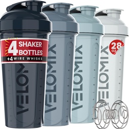 VÉLOMIX -4 PACK 28 Oz Protein Shaker Bouteille pour les mélanges de protéines - 4x Wire Whisk.