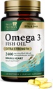 Omega 3 Huile de poisson 2400 mg - Suppléments Omega-3 Triple Strength - Santé du cerveau naturel et soutien immunitaire - Acides gras avec EPA et DHA - Supplément d'huile de poisson purifiée capturée sauvage - 60 Softgels