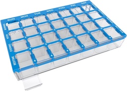 EZY DOSE Pill Organizer Weekly (7 jours), planificateur de médicaments, boîte à vitamines, petits compartiments avec bac de remplissage facile, 4 fois par jour, récipient facile à utiliser, lids clairs, bleu, sans BPA