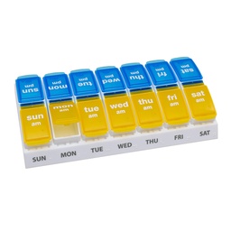 EZY DOSE Organisateur hebdomadaire de pilules AM/PM, boîte de vitamines et de médicaments de 7 jours avec grands compartiments pop-out, 2 fois par jour support de pilule pour la dose facile, jaune et bleu Lids, conception amicale voyage
