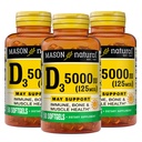 MASON NATURAL Vitamine D3 125 mcg (5000 UI) - Soutient la santé globale, renforce les os et les muscles, à partir de l'huile de foie de poisson, 50 softgels (paquet de 3)