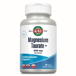 KAL Magnésium Taurate 400mg Plus Coenzyme Vitamine B6, supplément de magnésium chélaté, fonction musculaire saine, Nerve et soutien de santé cardiaque, sans gluten, végétalien, garantie de 60 jours, 45 portions, 90 comprimés