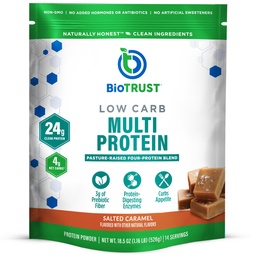 Poudre de protéines de faible teneur en glucides de BioTrust - Poudre de protéines de lactosérum et mélange de caséine provenant de bovins alimentés à l'herbe, aux pâturages et aux enzymes digestives - Caramel salé, 14 portions