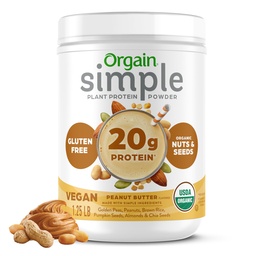 Orgaine en poudre de protéines végétales organiques simples, beurre d'arachide - 20g de protéines végétales, avec moins d'ingrédients, sans édulcorants artificiels, sans gluten, sans lait ou lactose, 1,25 lb (paquetage mai Vary)