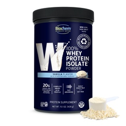 Biochem 100% Whey Isolate Protein - Vanilla Flavor - 15.1 Ounce - Soutient la santé immunitaire - Facilement digestible - Bouche rafraîchissant - 20g Protéine végétarienne - Acides aminés