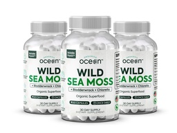 Organics Ocean Wild Sea Moss Capsules - 100% Bio Irish Sea Moss with Organic Chlorella, Bladderwrack and Vitamine D for Energy, Lung Health and Thyroïde Support for Women and Men - 3 bouteilles