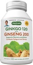 ANDREW LESSMAN Ginkgo 120 Plus Ginseng 200mg - 30 Capsules - Mélange d'extrait normalisé pour soutenir le cerveau, la mémoire et la fonction cognitive. Adaptogène, combat le stress et la fatigue. Aucun additif