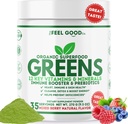 The Feel Good Super Greens Poudre - Bio Green Juice, Blé Grass Pas de sucre ajouté, Spiruline, Chlorella, Probiotiques, Enzyme digestif, Riche antioxydant, Immunity Boost Green Superfood, 35 SVG, Daily