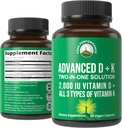 Performance de pointe Vitamine D 2000 UI avec tous les 3 types de vitamine K Vitamine D3 et vitamine K2, K1, MK-7 (MK7), MK4 Suppléments. 60 petites pilules végétales faciles à avaler (2000 UI)