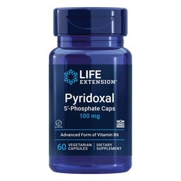 Prolongation de vie Pyridoxal 5'-Phosphate Caps — Vitamine B6, 100 mg, Bioactif B6 pour la santé cardiovasculaire, rénale et nerveuse — sans gluten, non OGM, végétarienne — 60 capsules végétariennes