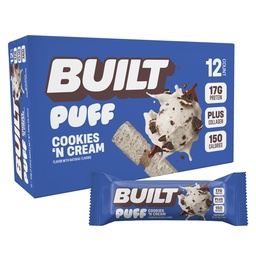 Erbaute Bar, Puff Protein Bars, Cookies 'N Cream Puff, 17g Protein Snacks, On-The-Go Bars, Nur 140 Kalorien, 7g Zucker, Kollagen, Nicht Glutenfrei, 12 Zähler
