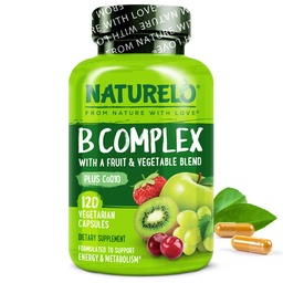 NATURELO Complexe Vitamine B,120 Capsules, Vegan, CoQ10, Folate de méthyle, Biotine, Mélange de fruits et de légumes, soutient l'énergie et la réponse au stress sain, Vitamines complexes Super B pour les femmes et les hommes