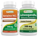 Meilleure bétaïne naturelle HCL 648 mg et extrait d'Ashwagandha 500 Mg