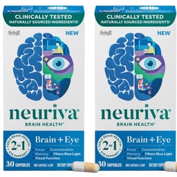NEURIVA Cerveau + supplément oculaire pour mémoire, focus et concentration avec la lutéine et la zéaxanthine testées cliniquement, vitamines A C & E + zinc pour la santé des yeux et filtre Blue Light 30 capsules de comptage (2 pack)
