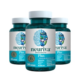 NEURIVA Plus Supplément Cerveau pour mémoire, concentration et concentration + fonction cognitive avec Nootropics Phosphatidylsérine et neurofacteur testés cliniquement, VIT B6 & B12, 30 Capsules de comptage (3 Pack)