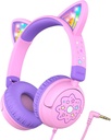 iClever casques pour enfants Oreille de chat, LED Light Up, 85dBA Safe Volume, Stereo Sound Casques pour tout-petits pour l'école de voyage, pliable 3,5mm casque pour enfants filaires pour tablettes iPad, Meow Lollipop -Pink