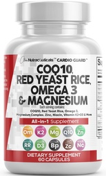 Nutraceutiques propres COQ10 200mg Red Yeast Rice Omega 3 Complexe Magnésium 500mg Niacine Zinc Vitamine K2 D3 - Vitamines de soutien cardiaque pour les femmes et les hommes avec/vitamine B3, Coenzyme Q10-60 Ct