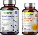 Biophix B-3 Nicotinamid 500 mg 180 Vcaps Plus Free Vitamin D-3 5000 IU 30 Softgels - Nicotinic Amide Niacin Natural Flush-Free Vitamin Formula - Unterstützt Hautzellgesundheit