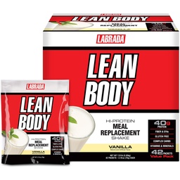 Labrada Lean Corps MRP All-In-One Vanilla substitut de repas Shake, 40g de protéines, mélange de lactosérum, 8g de graisses saines EFA et fibre, 22 vitamines et minéraux, Pas de couleur artificielle, sans gluten, (42 paquets)