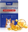 Wellix Pure Omega 3 Huile de poisson pour chiens et chats, supplément de peau et de manteau pour Shedding, favorise le cœur, la peau, le manteau, l'articulation et la santé immunitaire, plus de 95 % Omega 3, riche en EPA + DHA, 60 Softgels