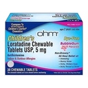 Ohm Enfants Loratadine Chewable, Sans colorant, Bubblegum, Non-Drowsy 24h Relief d'éternuement, Nez de runny, Yeux aqueux, Gorge de démangeaison ou de nez, Antihistamine, Allergies intérieures et extérieures, 5mg, 30 comprimés
