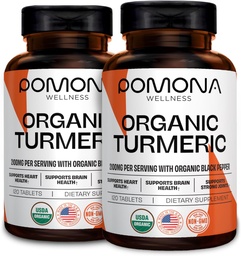 Pomona Wellness Supplément curcuma biologique 2100 mg, USDA Organic, non-OGM, végétalien, curcumine curcuma avec poivre noir pour l'absorption, pour le soutien des articulations et l'immunité, 240 comprimés (2 pack)