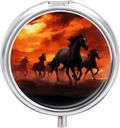 Horses Red Glowing Clouds Pill Box Round Pill Box 3 Compartment Decorative Pocket Or Purse Portable Travel Medicine Tablet Vitamin Holder Organizer Pill Case for Purse Pocket Travel Gift
