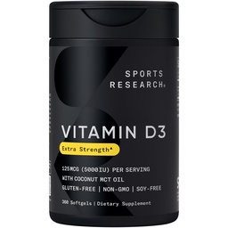 Sports Research® Vitamine D3 w/Coconut MCT Oil - Vitamine D3 5000iu (125mcg) Supplément pour le soutien immunitaire et os - Sans huile de semence - Sans OGM - Sans gluten (360 softgels liquides)