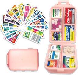 Pill Organizer with Medicine Labels 146 Labels Travel Daily Pill Container Mini Medicament Organizer Storage Pill Organizer Travel Essentials Pill Case 7 Day (Pink, 1 Pack(Grand))