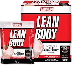 Labrada Lean Corps MRP Tout-en-un Strawberry substitut de repas Shake, 40g de protéines, mélange de lactosérum, 8g de graisses saines EFA et fibre, 22 vitamines et minéraux, Pas de couleur artificielle, sans gluten, (20 paquets)