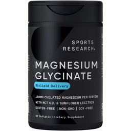 Sport Research® Magnesium Glycinate - unterstützt restful Sleep & Enzymatic Prozesse - 160 mg Chelat Magnesium - Liquid Softgel - 60 Count
