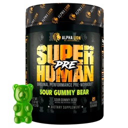 ALPHA LION Poudre pré-entraînement surhumaine, Beta Alanine, L-Taurine et caféine Tri-Source pour énergie soutenue et focus, oxyde nitrique et citrulline pour pompe (21 portions, aigre-goutte-ours)