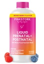 Pink Stork Vitamines prénatales liquides pour les femmes - Flaveur de baies - Mélange d'aliments biologiques - Fertilité, grossesse, essentiels postpartum - Soutien de la maladie du matin - Allaitement et allaitement - 32 portions