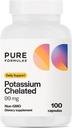 PureFormulas Potassium Supplément Chélaté 99 mg Formule de Potassium Pure pour l'énergie, le nerf, le muscle, le rein, le cœur et le squelettique, non-OGM - 100 capsules végétariennes