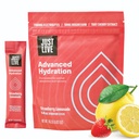 Juste vivre l'hydratation avancée - Lémonade de fraise, Mélange de boisson d'électrolyte, Extrait de cerise de tart, soutient la récupération et l'absorption, faible sucre, 14 Pack