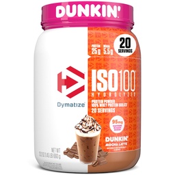 Dymatize x Dunkin' Mocha Latte en poudre de protéines de lactosérum ISO100, 95 mg de caféine, 25g de protéines, 5,5g de BCAA, 120 Cal., sans gluten, 1g de gras, 1g de sucre, 3g de glucides (20 portions)