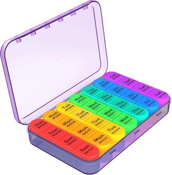 Daviky Weekly Pill Organizer 4 fois par jour, grande boîte à pilules de 7 jours portable pour les voyages, boîte d'organisateur de médicaments avec des contenants amovibles individuels de pilules pour tenir les vitamines, suppléments et médicaments
