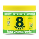 8Greens Super Greens Poudre de poudre de mélanges prébiotiques et probiotiques Superaliments pour la santé des Guts, métabolisme, ballonnement, avec fibre, enzymes digestives, biologique: Spiruline, Chlorella, Lime citron, 25 portions