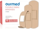 Bandes adhésives en tissu flexible,60 Nombre, Bandes de premiers soins sans latex avec Pad non incrusté pour l'entretien des plaies, coupes, scraps, blisters, tailles assorties