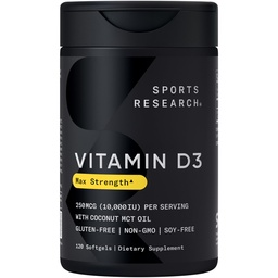 Recherche sportive 10 000 iu Vitamine D3 Supplément à l'huile de coco biologique - Vitamine D pour les os forts et la santé immunitaire - soutient l'absorption de calcium - Non-OGM - 250mcg, 120 Mini Softgels pour les adultes
