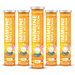 nutrazul crème triple action comprimés effervescents avec vitamine C 1000mg, vitamine D, zinc, soutien quotidien routine, sans gluten, sans sucre, sans lactose, saveur orange, 20 comprimés (paquet de 5x20)