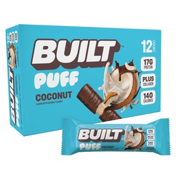 BUILT Puff Protein Bars, Coconut, 17g Protein - 12 Count | Protein Snack Bar with Collagen, Calorie Conscious, Gluten Free