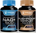 Supplément NAD WELLNESS LABSRX, 1500mg - NAD liposomique+ Supplément avec Resveratrol. Capsules de complément de champignons organiques - 10000mg - 25 en 1 Capsules complexes de champignons