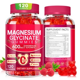 Glycinat de magnésium 600mg, Gommies de magnésium sans sucre pour adultes, Suppléments potassiques à croquer pour le soutien corporel, Zzz et relaxation, 120 Compte