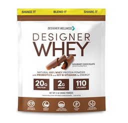 Designer Wellness, Designer Whey, poudre naturelle de protéines Whey avec probiotiques, fibre et clés B-vitamines pour l'énergie, sans gluten, chocolat gastronomique, 2 lb
